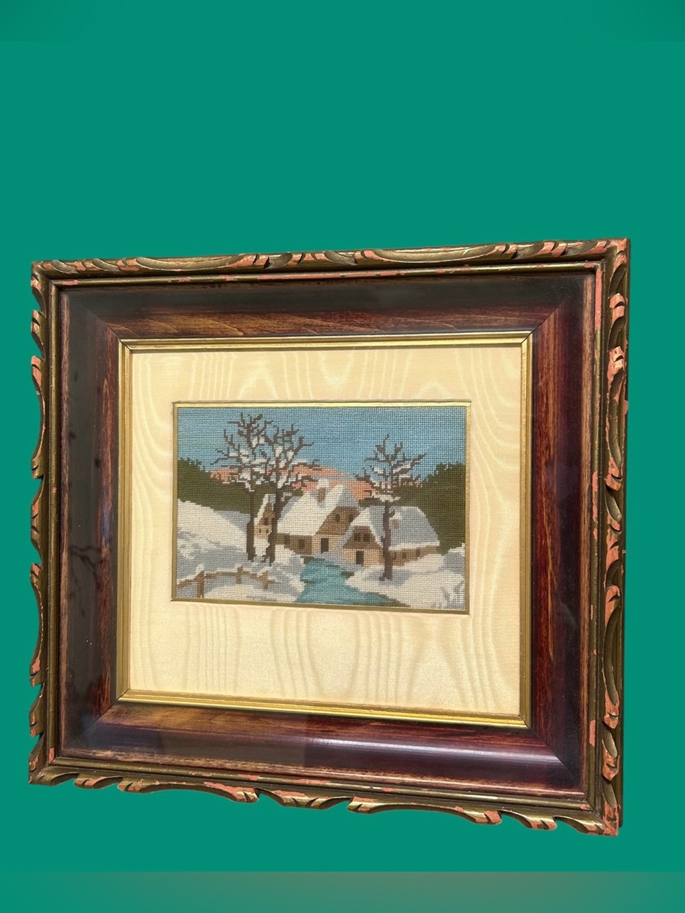 Vintage Framed Needlework Art - Snowy Home
